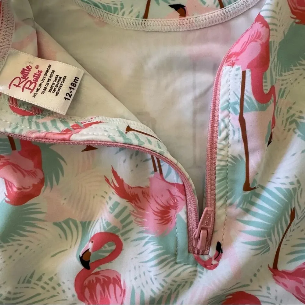 Ruffle Butts Kids Flamingo Print One Piece Rash Guard Swimwear Size 12-18 M